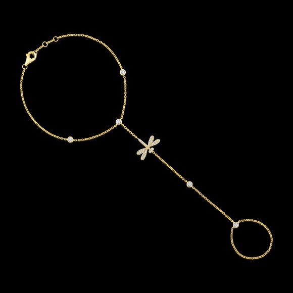 48 Diamonds Dragonfly 14K Yellow Gold Hand Chain Bracelet